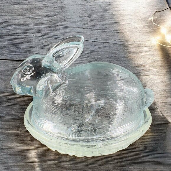 Clear Glass Bunny On A Nest Covered Dish Container Jar Box Storage Glass Box - Picture 1 of 13